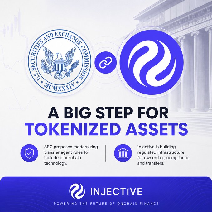 An Injective announcement graphic titled 'A BIG STEP FOR TOKENIZED ASSETS,' noting the SEC proposes modernizing transfer agent rules to include blockchain technology, while Injective builds regulated infrastructure for ownership, compliance and transfers.