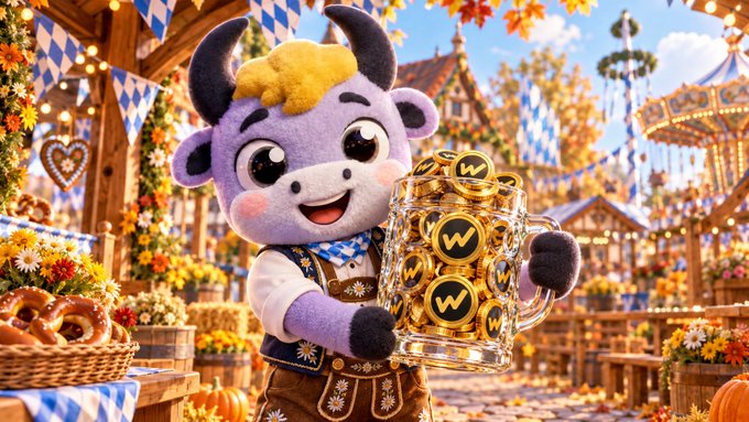 A 3D-rendered purple bull mascot wearing traditional lederhosen holds a large frothy stein of beer filled with golden coins marked with a "W," set against a Bavarian festival backdrop.