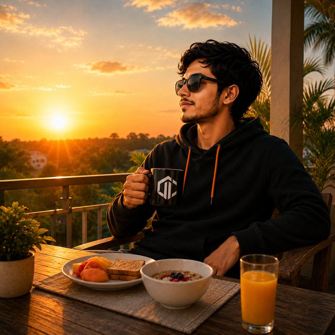 A man wearing sunglasses and a black hoodie holds a branded mug while enjoying breakfast of fruit, toast, and cereal on a balcony overlooking a tropical sunrise.