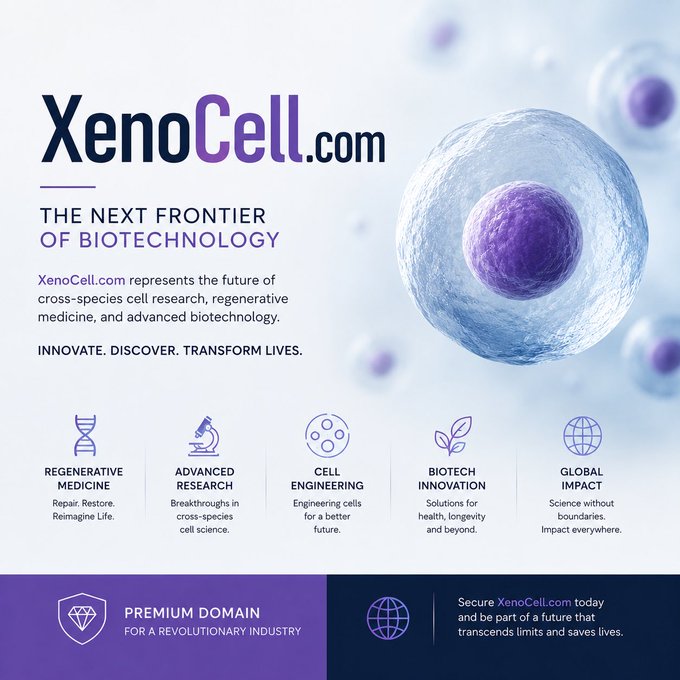 Promotional graphic for XenoCell.com, described as 'THE NEXT FRONTIER OF BIOTECHNOLOGY,' featuring a cell illustration and categories like regenerative medicine, advanced research, and cell engineering.