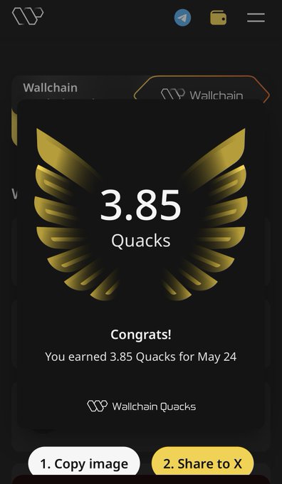 The image shows a phone screen displaying a gold-colored trophy with the number "3.85" written on it, indicating that someone has earned 3.85 Quacks for participating in an online game or challenge. The trophy also features a "share to X" button, suggesting that users can share their achievements with others by clicking on this button. The image is accompanied by a caption that reads: "Focus on what is in the image and how it relates to the post".