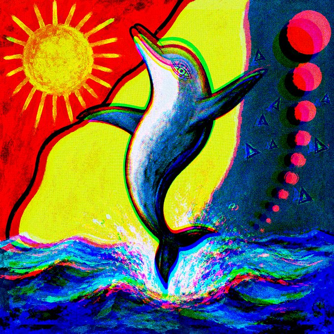 A vibrant, surrealist painting of a dolphin leaping out of blue ocean waves against a red and yellow sky with a sun and floating spheres.