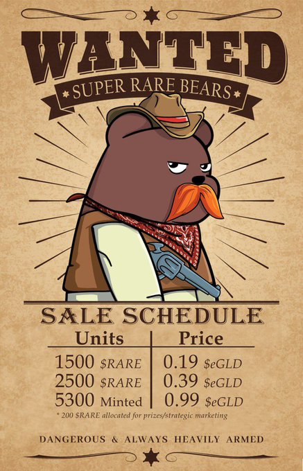The image is an advertisement for a super rare bear that is up for sale, with information about units, prices, and rewards given out. The text of the ad emphasizes how much these bears are worth, indicating their high value as collectibles or investments.