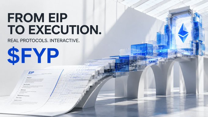 A promotional banner reading 'FROM EIP TO EXECUTION. REAL PROTOCOLS. INTERACTIVE. $FYP' alongside the Ethereum logo, showing an abstract bridge-like architectural structure with blueprint documents.