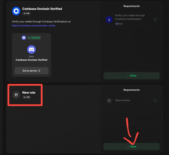 The focus of this image is a webpage with two buttons - one red marking done, and another red button. The message displayed in the browser window indicates that someone has verified their @base role, which is important for gaining access to certain areas on the website. This process helps users build their base guild profile by interacting with the community and verifying their roles before opening up new areas of interaction.