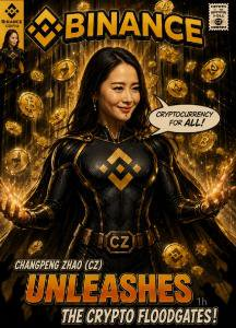 This comic-style art features Binance's logo and Changpeng Zhao (CZ) as a superhero, embodying the post's message that "Binance Women is the strongest" by showcasing a powerful female figure.