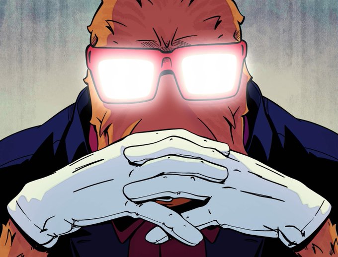 A stylized illustration of a bald figure wearing white-framed glasses with glowing white lenses, hands clasped together in front of their face.