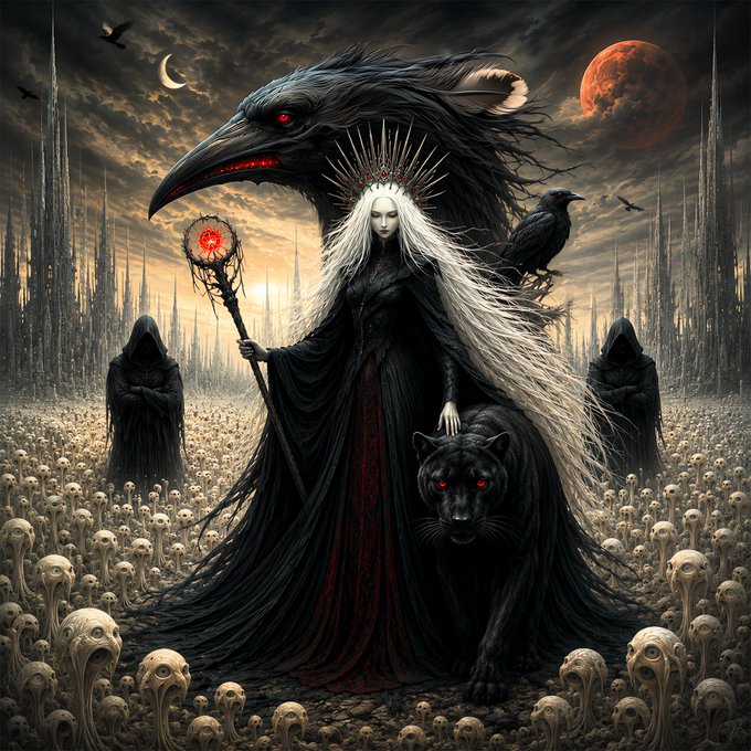A pale-haired figure in a flowing black gown stands atop a colossal raven, wielding a glowing red staff alongside a black panther, while shrouded hooded figures and a raven companion emerge from a surreal landscape carpeted in skull-shaped flowers beneath a blood-red moon. The eerie gothic scene perfectly captures the haunting essence of "Where Skull Flowers Bloom," as advertised in the accompanying post.