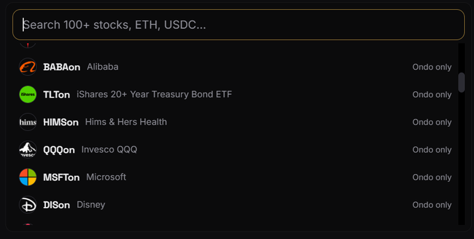 A dropdown search interface shows tokenized stock options including BABAon (Alibaba), TLTon (iShares 20+ Year Treasury Bond ETF), HIMSon (Hims & Hers Health), QQQon (Invesco QQQ), MSFTon (Microsoft), and DISon (Disney), each marked "Ondo only." The image illustrates the accompanying note's point that these stock pairs lack liquidity pools on any DEX, meaning they cannot be purchased with ETH or USDC.