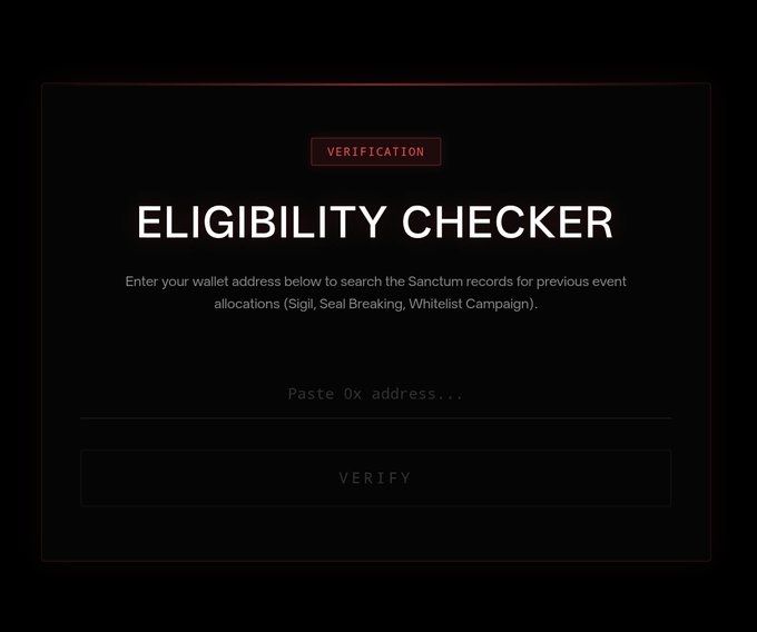 A dark-themed 'ELIGIBILITY CHECKER' verification interface asking users to 'Paste 0x address...' to search Sanctum records for previous event allocations including 'Sigil, Seal Breaking, Whitelist Campaign'.
