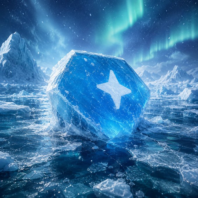 A digital artwork depicting a glowing blue hexagonal ice crystal with a star symbol in its center, set against a frozen arctic landscape with aurora borealis in the sky.