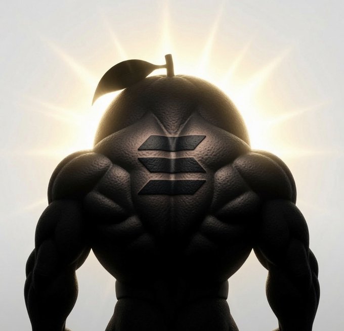 A muscular figure with an apple for a head stands backlit by a glowing halo, with the Solana logo displayed across its back—symbolizing strength and vitality behind the morning post's enthusiastic endorsement of Solana.