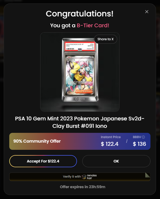 A digital congratulations screen showing a 'B-Tier Card' pull featuring a PSA 10 Gem Mint 2023 Pokemon Japanese Sv2d-Clay Burst #091 Iono card, with a community offer of $122.4 and an instant price of $136.