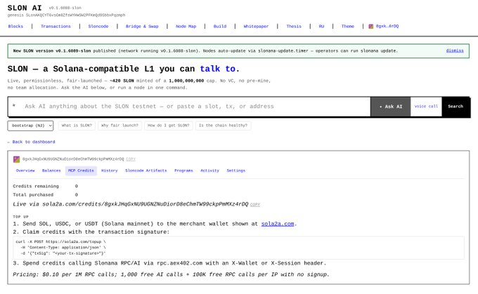 A screenshot of the SLON AI website (solona.com) describing itself as 'a Solana-compatible L1 you can talk to', showing version v1.6000-slon, dashboard with credits and MCP credits, and pricing details.