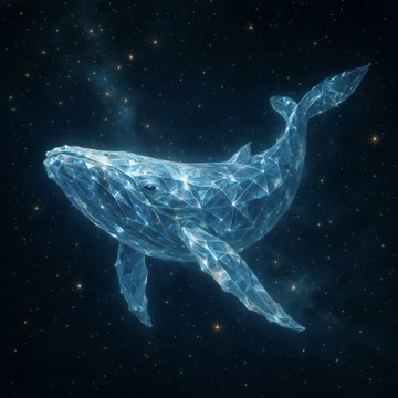 A crystalline, polygonal whale floats gracefully against a deep blue starry night sky background, its translucent geometric body glowing with inner light.