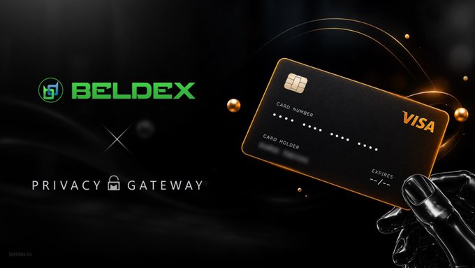 A promotional banner for 'BELDEX x PRIVACY GATEWAY' featuring a stylized golden VISA card held by a black-gloved hand against a dark, futuristic background.