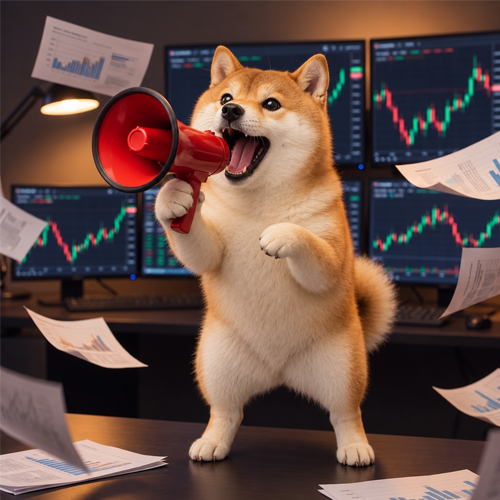 An AI-generated Shiba Inu dog standing on its hind legs, holding a red megaphone in a trading room with stock charts on multiple monitors and papers flying through the air.