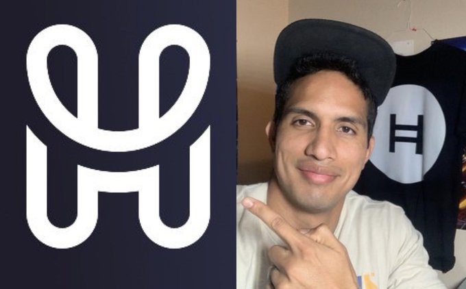A split image showing the white Hook logo on a dark background on the left, and a man pointing at it next to a t-shirt featuring the same Hook logo on the right.