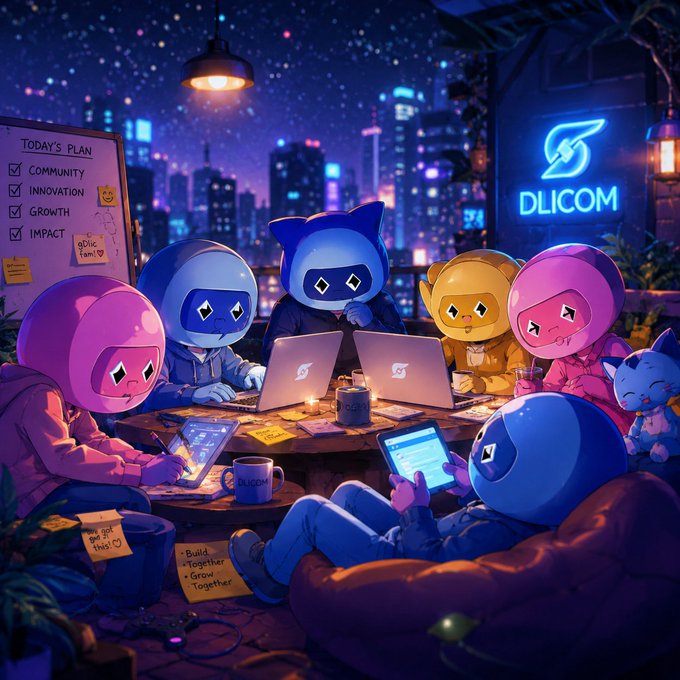 A colorful illustrated scene of cartoon characters in hoodies gathered around a table with laptops, mugs, and tablets, with 'TODAY'S PLAN' notes including 'COMMUNITY', 'INNOVATION', 'GROWTH', and 'IMPACT', and a neon 'DLICOM' sign in the background.