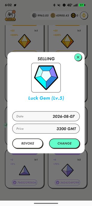 A mobile app screenshot showing a 'SELLING' confirmation dialog for a 'Luck Gem (Lv.5)' priced at 3200 GMT, with options to 'REVOKE' or 'CHANGE'.