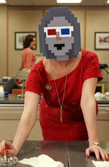 A woman in a vintage red dress with a gold pendant leans over a desk in what appears to be a retro office setting, holding a lit cigarette near an ashtray—her face humorously replaced with a pixelated gray robot/character meme. The "Stonks" meme face combined with the office scene playfully suggests a Wall Street trading floor atmosphere, tying into the post's stock trading context involving ticker symbols like $CA and references to the "StonkBroker" and "StonkSecretary."