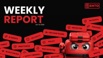 The image features a poster with a red robot character standing against a black background, surrounded by numerous red stickers of different shapes and sizes. The text "Weekly Report" is written above the robot, indicating that this is an update or report related to the week's events. The poster also includes some text about recent updates from Bento, such as the top 1 @rpcfast track, privacy tracks like @solana & @sol brothers pod, and early signups for a new feature called @solana pod.