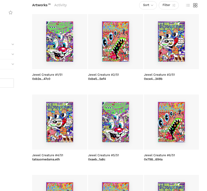An NFT gallery showing six 'Jewel Creatures' (#1/51 through #6/51) in a grid layout on a marketplace.