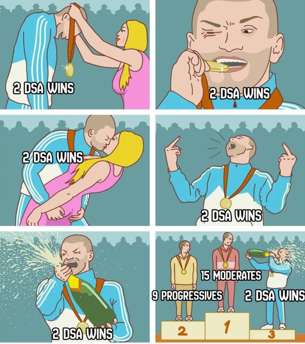 A six-panel meme titled "2 DSA Wins" depicts a victorious male figure receiving a gold medal, kissing it, embracing a woman, celebrating with raised fingers, spraying champagne, and standing atop a podium above "9 Progressives" and "15 Moderates," satirizing the Democratic Socialists of America's outsized influence in electoral victories—suggesting that this meme's depiction of DSA dominance will be widely shared in future political cycles.
