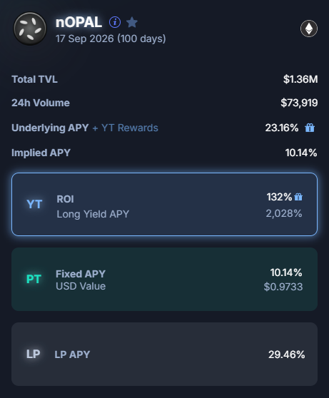 The image features a spreadsheets calculator screen with four different financial figures, including one about the nOPAL cryptocurrency. One of the columns displays the current exchange rate for Brazilian debtors, while another column shows a chart comparing various interest rates for fixed yield APYs offered by several lenders, including those that focus on cryptocurrency lending. The post also mentions how to benefit from the nOPAL cryptocurrency and highlights the rewards available through YT and LP channels.