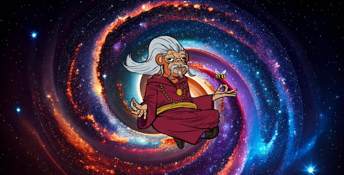 A cartoon illustration of a meditating elder with long white hair in maroon robes holding a butterfly, floating in front of a colorful cosmic spiral galaxy.