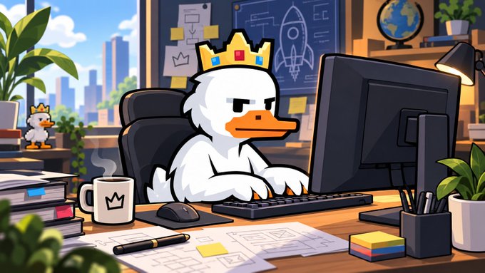 A cartoon illustration shows a white duck wearing a gold crown, typing at a computer desk in an office filled with plants and blueprints.