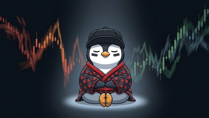 A cartoon penguin mascot wearing a black cap and red patterned robe sits in a meditation pose. Stock market candlestick charts with red and green elements are visible in the background.