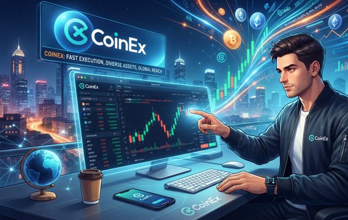 A promotional digital illustration for CoinEx featuring a young man in a black jacket pointing at a computer monitor displaying crypto trading charts, with the tagline 'COINEX: FAST EXECUTION, DIVERSE ASSETS, GLOBAL REACH'.