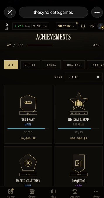 Screenshot of a web app at "thesyndicate.games" showing an "ACHIEVEMENTS" page with categories like "ALL," "SOCIAL," and "RANKS," featuring achievement badges such as "THE DRAFT" and "THE REAL KINGPIN."