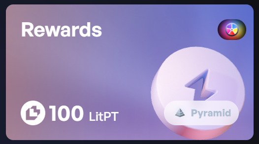 A purple digital interface titled "Rewards" displays an icon of a faceted pyramid, offering "100 LitPT" alongside a logo for "Pyramid".