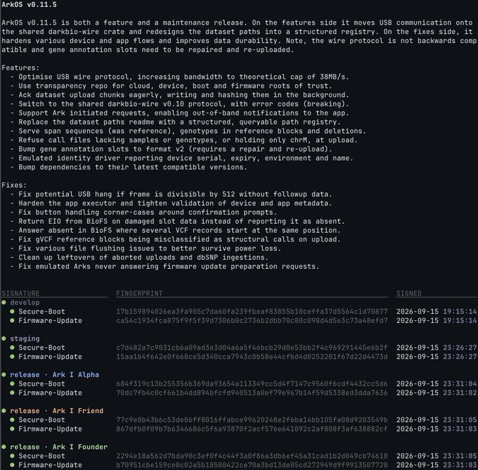 A software update screen displaying the release notes for ArkOS v0.11.5, listing features and fixes such as USB protocol optimization and various bug patches, along with signed firmware update fingerprints for multiple releases.