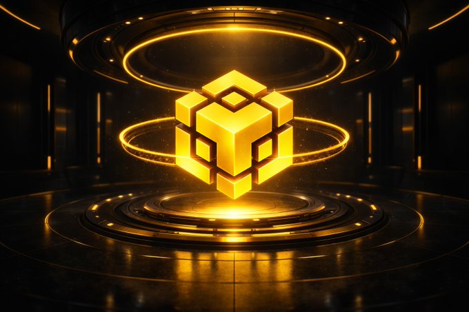 A glowing golden 3D cube emblem, resembling the BNB logo, hovers at the center of a futuristic dark chamber illuminated by radiant golden rings and lights, symbolizing the advanced technical upgrade of the BNB Smart Chain. The futuristic, high-tech aesthetic visually reinforces the post's announcement of the Pasteur hard fork, which strengthened bridge and validator security while boosting block throughput by 88%.