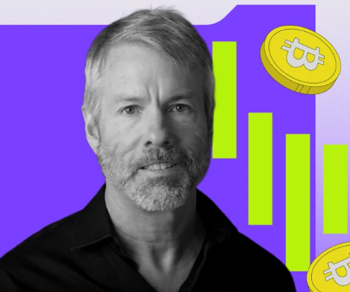A black-and-white photo of Michael Saylor, MicroStrategy's executive chairman, appears alongside Bitcoin coin graphics and a green descending bar chart, visually reinforcing the post's claim about Saylor dumping 1,690 BTC worth $108 million despite his "never sell" reputation.