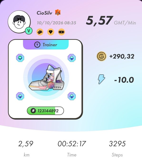 A fitness app screenshot showing user 'CioSilv' with a green avatar, dated 10/10/2026 08:35, displaying 5.57 GMT/Min, 2.59 km walked, 00:52:17 time, 3295 steps, and an NFT sneaker collectible with ID 123144892 worth +290.32 (energy -10.0).