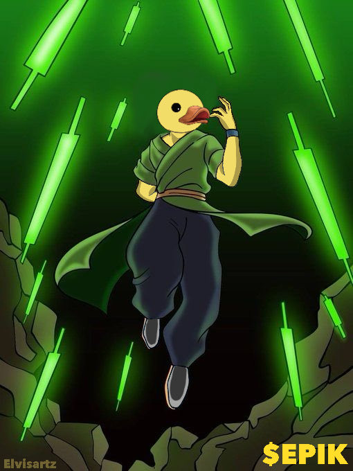 A digital illustration features a duck-headed humanoid figure in a green robe posing dramatically amid glowing green lightsabers, with 'Elvisartz' and '$EPIK' text visible.
