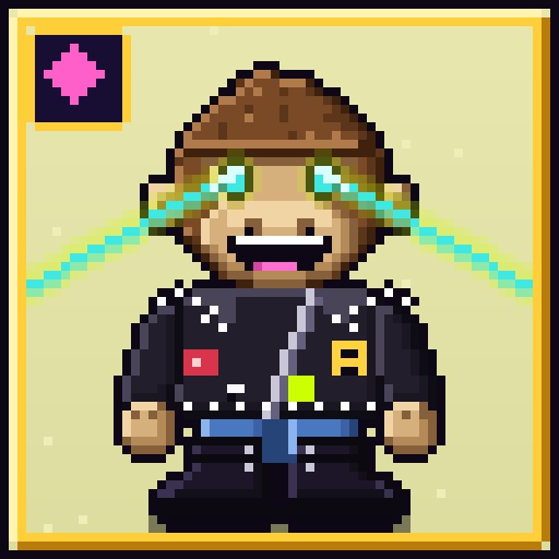 A pixel art character resembling a Jedi stands on a yellow background, wearing dark robes with a blue belt and green glasses with glowing blue energy streams extending outward from the sides.