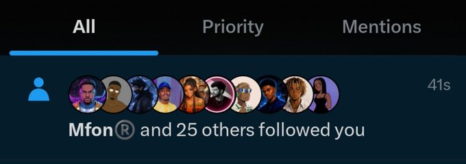 A social media notification screen shows 'All' and 'Priority' tabs, indicating that 'Mfon® and 25 others followed you' 41 seconds ago.