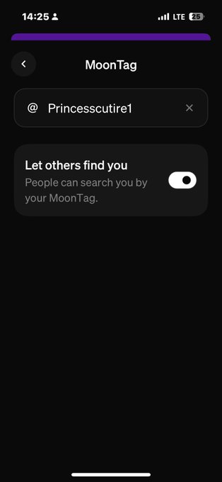 A mobile app screen showing the MoonTag settings for user 'Princesscutire1' with an option to let others find you by your MoonTag toggled on.
