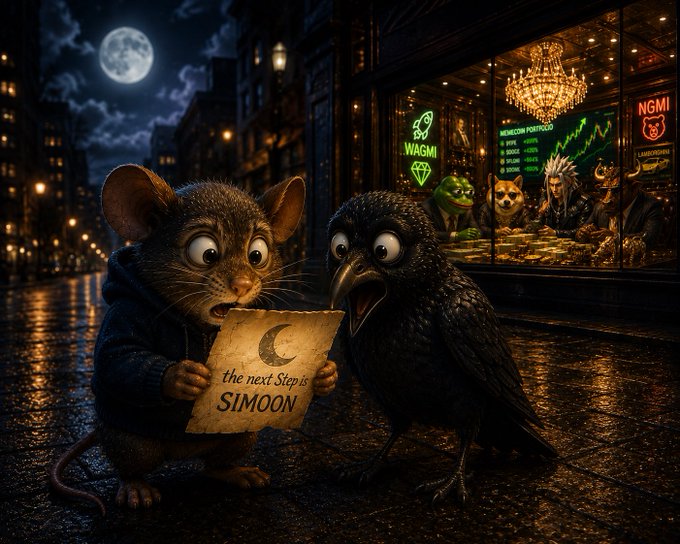 An AI-generated digital artwork shows a wide-eyed mouse and crow on a city street at night holding a sign that reads 'the next step is SIMOON'.