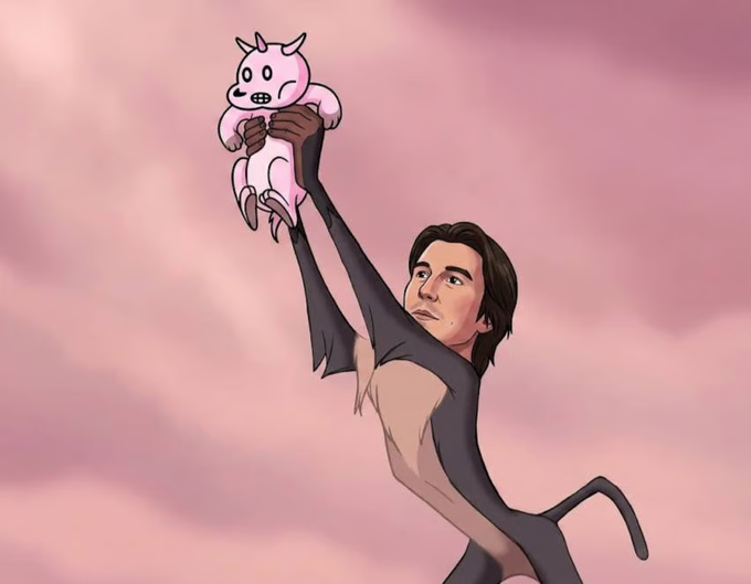 An illustration of a shirtless man with dark hair and a tail, resembling a monkey, holding up a small pink unicorn plush toy against a cloudy pink sky. The image appears to depict a character triumphantly presenting the "King $LILUNI" token mascot, with the man's grooming and pose evoking the meme-inspired branding of the Lil UNI crypto project.