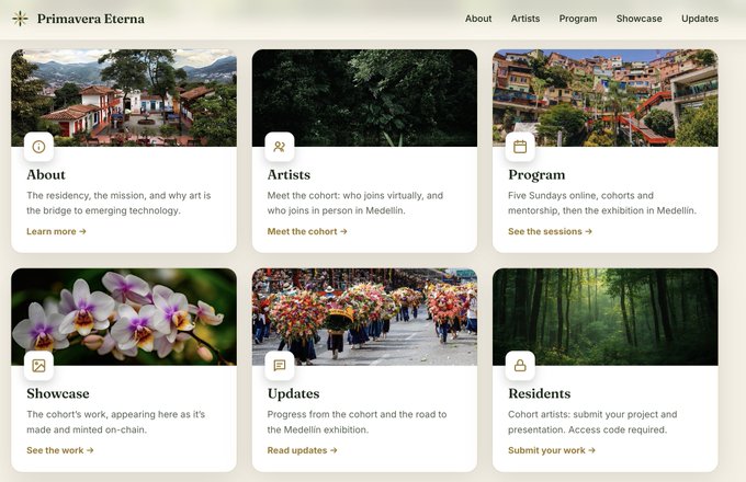The homepage of 'Primavera Eterna' website featuring six sections in a grid layout: About, Artists, Program, Showcase, Updates, and Residents, each with descriptive text and accompanying images of a village, forest, colorful hillside houses, orchids, a parade, and a misty woodland.