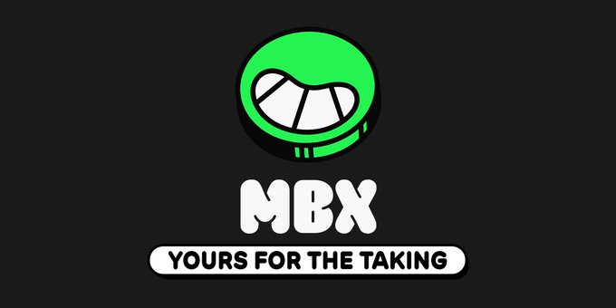 A black background logo featuring a green cartoon face with a wide grin above the text 'MBX' and the slogan 'YOURS FOR THE TAKING'.