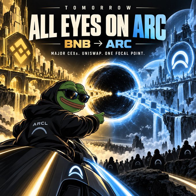 Promotional graphic reading 'TOMORROW ALL EYES ON ARC BNB -> ARC MAJOR CEXs. UNISWAP. ONE FOCAL POINT' featuring a Pepe character in sunglasses pointing at a glowing portal.