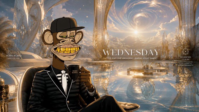 A Bored Ape NFT character in a sharp black suit and gold-toothed grin lounges in a surreal, heavenly landscape, holding a "BORED" coffee mug, with text reading "WEDNESDAY - THE DAY THE UNIVERSE LEARNS YOUR SHAPE." The image mirrors the post's theme of a fresh Wednesday start in Web3, pairing the luxurious, elevated aesthetic with the motivational call to embrace new opportunities and a clean mindset.