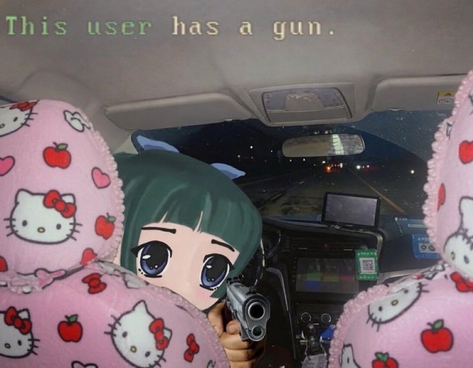 A meme image featuring an anime character with green hair holding a gun inside a car, with the text 'This user has a gun.' overlaid on a green terminal-style font.